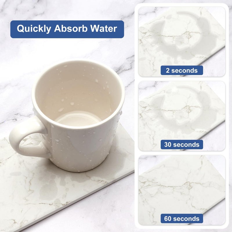 Deceram 2 Pcs Water Absorbing Stone Drying Trays for Bathroom Sink Kitchen Counter Soap Dish Dispenser Sponge Holder White Ceramic Bathroom Vanity Quick Dry Stone Mat for Kitchen Sink Marble Diatomite Tray - Image 3